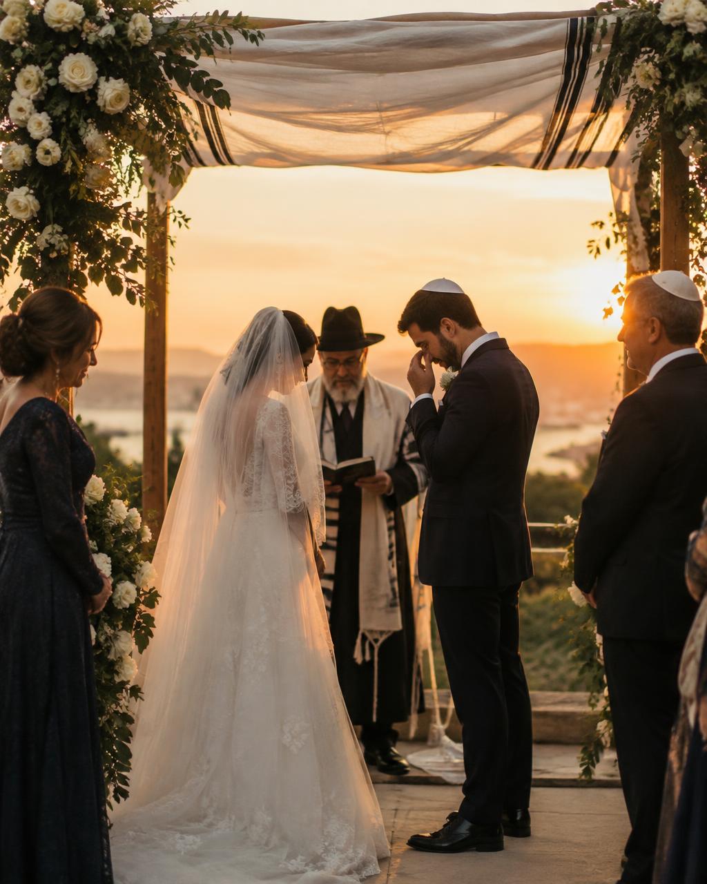 חתונה יהודית תחת החופה בשעת שקיעה
